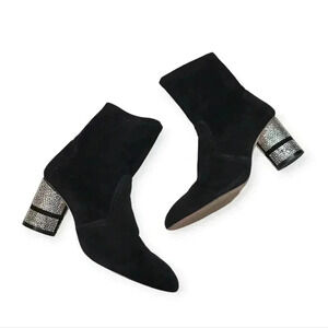 Stuart Weitzman Black Suede Leather Sock Boots Rhinestone Heel Diamond Size 9.5